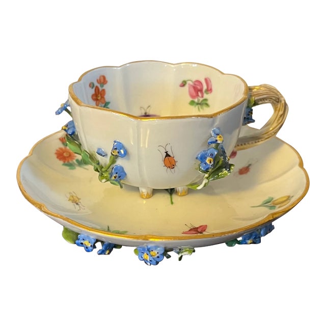 Antique Meissen Porcelain Tea Cup and Saucer With Applied Flowers and Hand Painted Insects For Sale