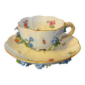 Antique Meissen Porcelain Tea Cup and Saucer With Applied Flowers and Hand Painted Insects