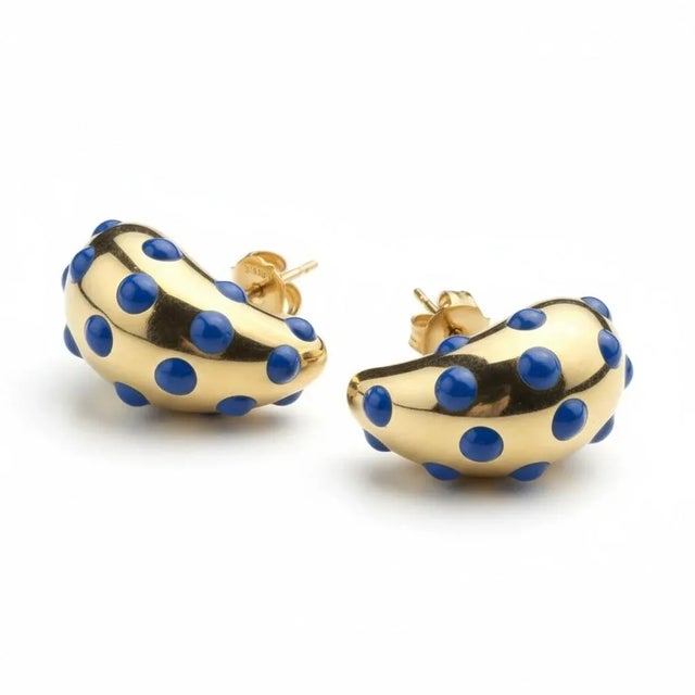 18k Yellow Gold Blue Polka Dot Enamel Teardrop Earrings 0.92 Inch Long, A Pair For Sale - Image 11 of 11