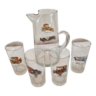 Vintage Antique Cars Pitcher and Highball Glasses 5 Pc. Set For Sale