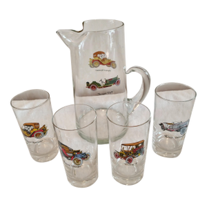 Vintage Antique Cars Pitcher and Highball Glasses 5 Pc. Set