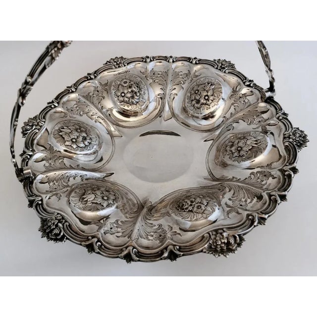 Victorian Chiseled and Engraved Sterling Silver Basket with Handle, 1870s For Sale - Image 6 of 13