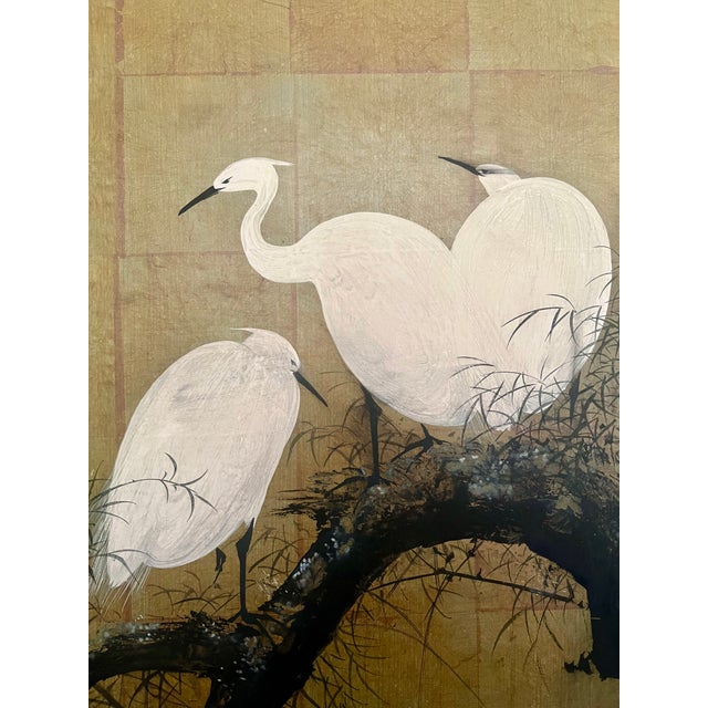 Mid-Century Modern Vintage Mid-Century Japanese 4-Panel Byobu Folding Screen - "White Egrets & Willow" For Sale - Image 3 of 16