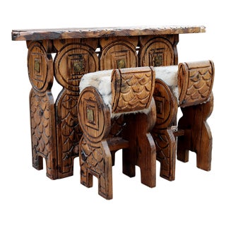 1960s Witco Hand-Carved Dragon Themed Tiki Bar With Two Stools - Set of 3 For Sale