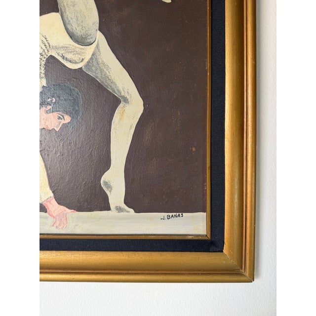 1970s Vintage J. Banas Figurative Acrobat Dancer Oil on Artist Board Painting, Framed For Sale - Image 10 of 13