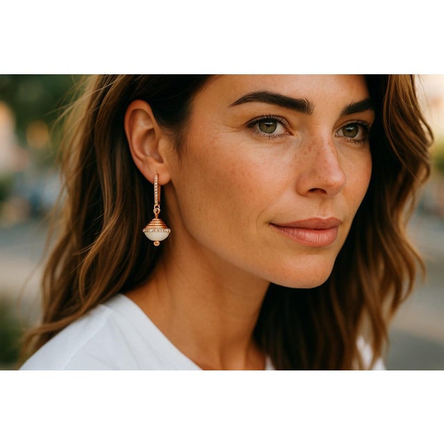 Rose 18k Rose and White Gold Enamel Diamond Orb Drop Earrings, 0.70 Carats, A Pair For Sale - Image 8 of 15