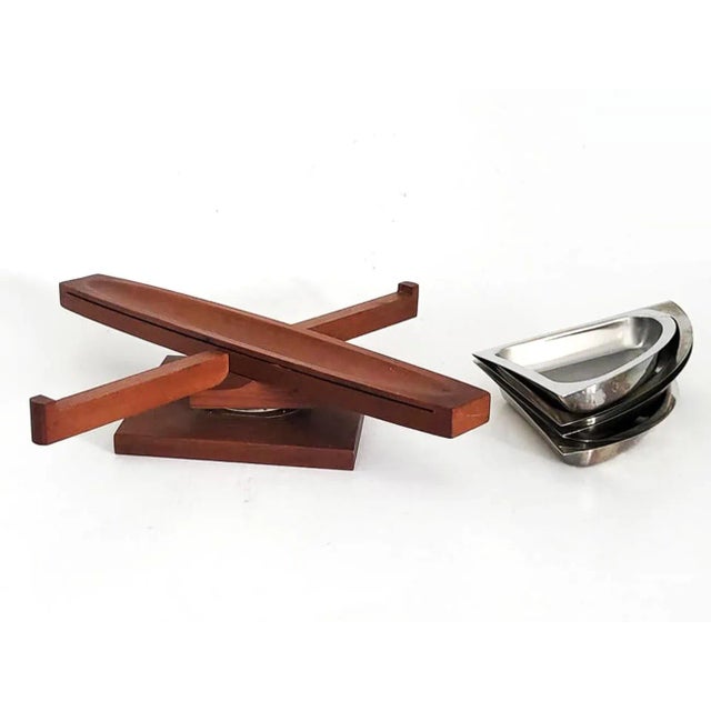 Mid 20th Century Arthur Salm Teak Wood and Stainless Steel Appetizer and Condiment Lazy Susan For Sale In Miami - Image 6 of 10