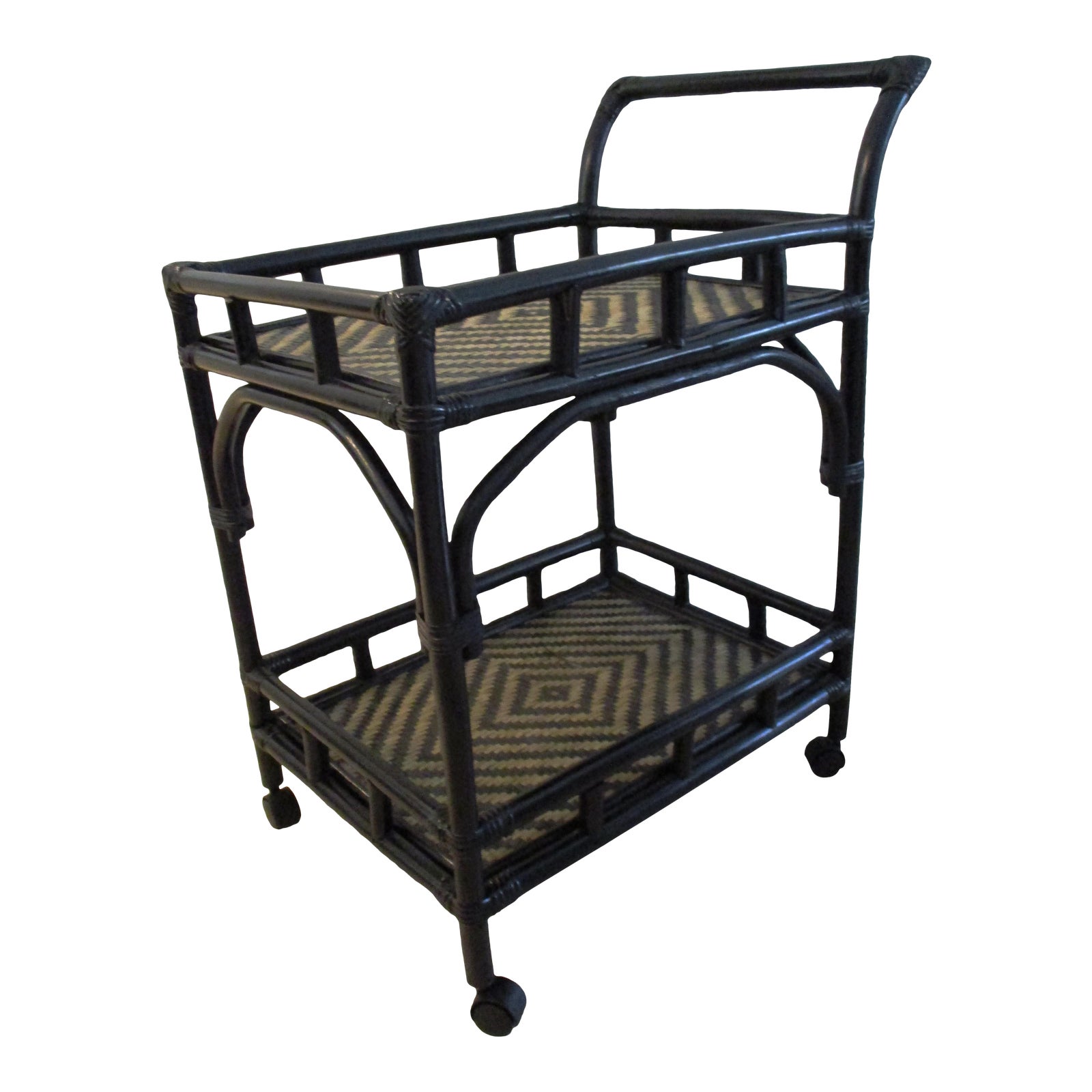 Black Tan Bamboo Rattan Rolling Bar Cart Chairish