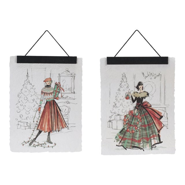 Vintage Holiday Fashion Illustration Banner (Set of 2) For Sale