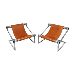 Set of Mid-Century Modern Chrome and Leather Armchairs, Italy, 1970s