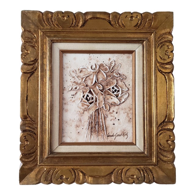 1980s Carole Gerst Katz Textured Floral Art Impasto Oil Painting in Ornate Gold Gilted Wood Frame Signed For Sale