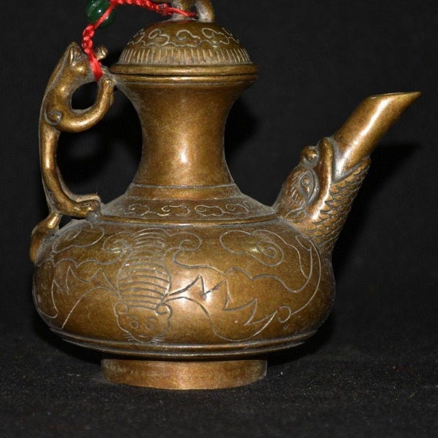 Vintage Wine Ewer, Dragon Spout & Bat Engraved Motifs For Sale In Los Angeles - Image 6 of 9