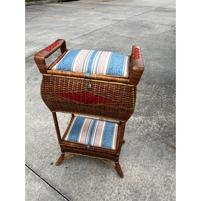 Brown Vintage Large Woven Wicker Double Compartment Standing Sewing Basket For Sale - Image 8 of 12