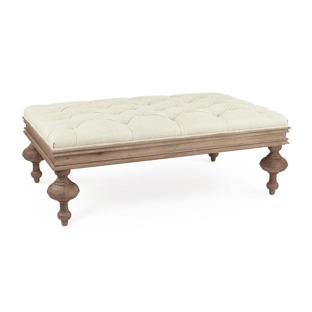 Lara Tufted Ottoman in Linen with Weathered Oak Turned Baluster Legs For Sale - Image 4 of 4