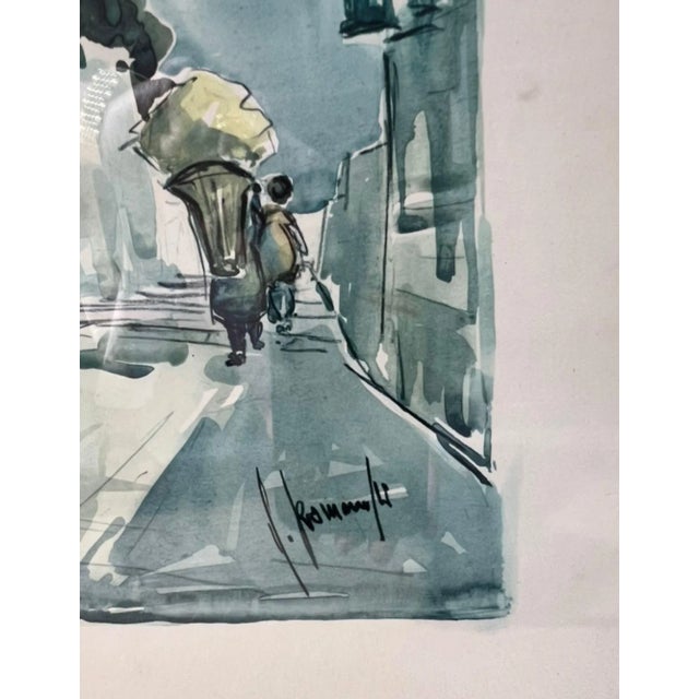 Mid 20th Century Vintage Framed Watercolor Street Scene With Parasol, Signed For Sale - Image 5 of 9