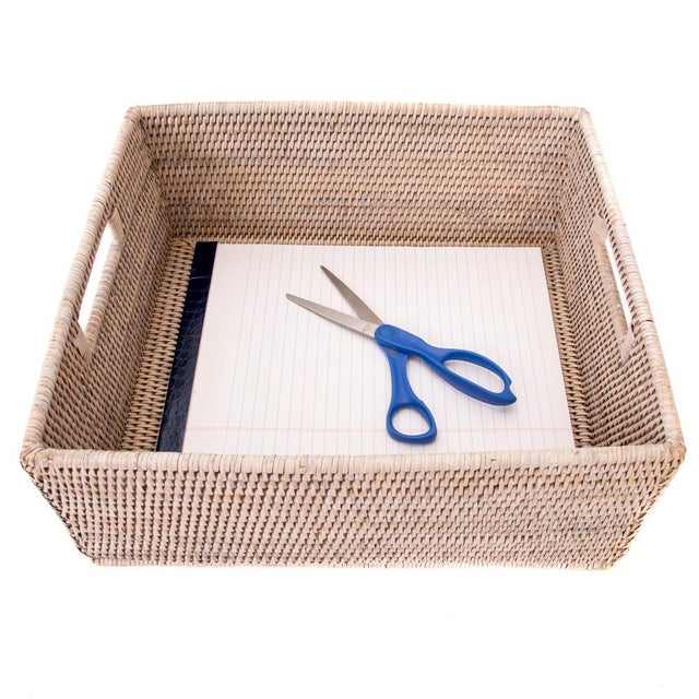 Artifacts Rattan Rectangular Basket with Cutout Handles in White Wash