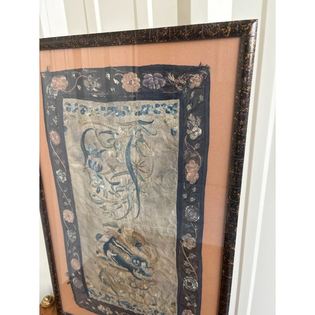 Wonderful vintage, possibly antique, Chinese silk tapestry sewn in muted shades of blue, greens, gold and cream with a...