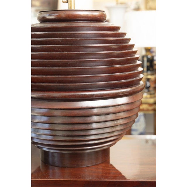 Brown Pair of Ribbed Mahogany Table Lamps For Sale - Image 8 of 8