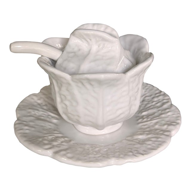 Vintage Bordallo Pinheiro Style White Cabbageware Condiment Server For Sale