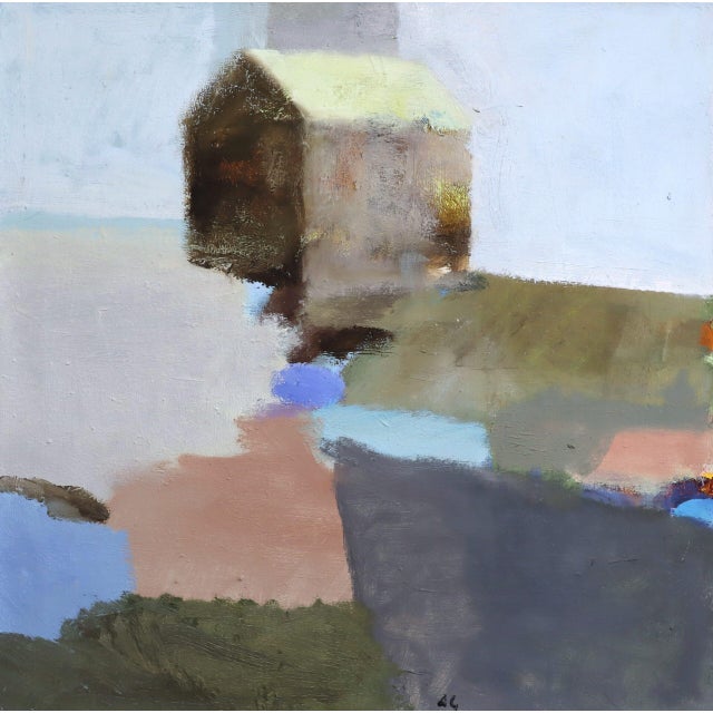 Mid-Century Modern 'House Above the Fields' Vintage Original Abstract Landscape Oil Painting, Framed For Sale - Image 9 of 14