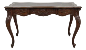 Vintage French Louis XV Style Carved Walnut Writing Desk With Leather Top