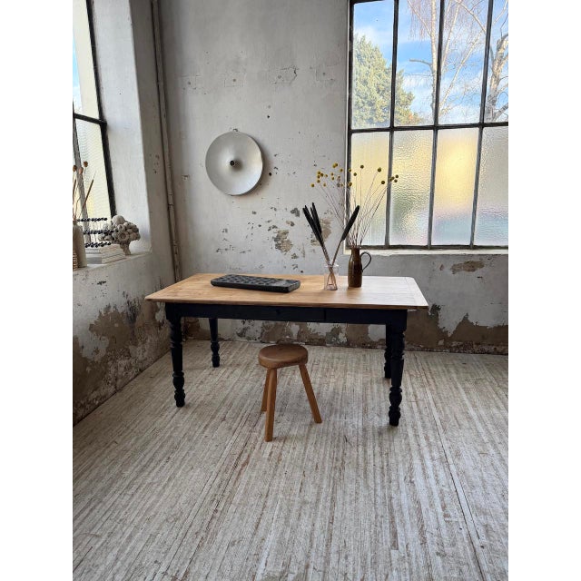 Black Oak Farmhouse Table with Black Turned Legs, 1950s For Sale - Image 8 of 18
