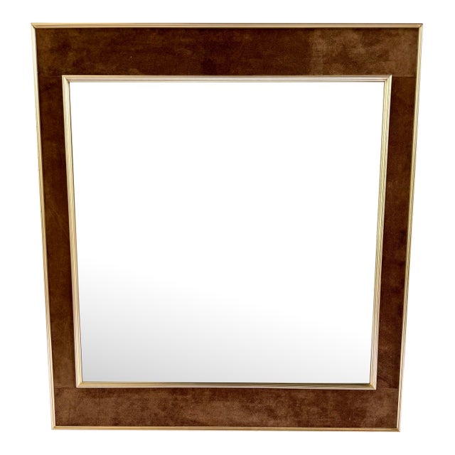 Vintage LaBarge Brass & Chocolate Suede Mirror - Hollywood Regency "Jewel Box" Style For Sale