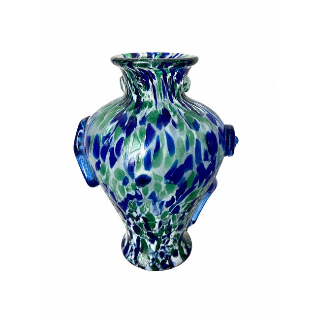 Blue and Green Spatter Art Glass Vase With Cobalt Scroll Handles For Sale - Image 10 of 15