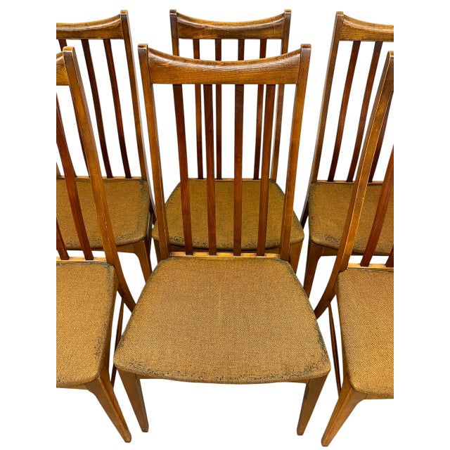 Brown Set of 6 Vintage Mid-Century Modern Slat-Back Dining Chairs With Upholstered Seats For Sale - Image 8 of 10