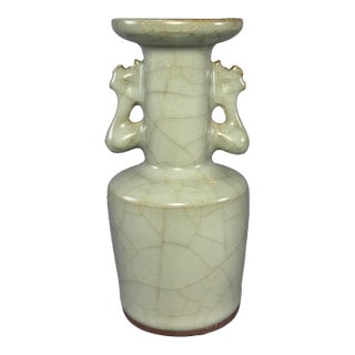 Antique Longquan Celadon Twin Phoenix Ear Vase, Chinese Crackle Glaze Vase For Sale