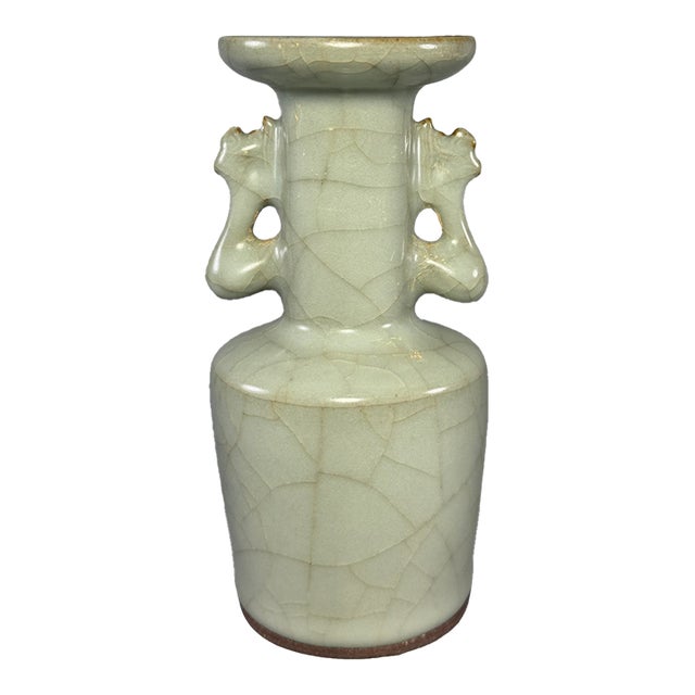 Antique Longquan Celadon Twin Phoenix Ear Vase, Chinese Crackle Glaze Vase For Sale