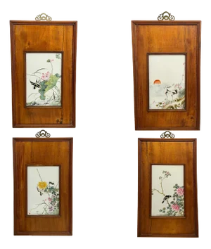 Antique Chinese Qing Set of Four Hand-Painted Porcelain Plaques "4 Seasons" 1890