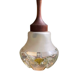 Small Mid-Century Modern Hanging Light in Art Glass and Turned Teak, 1960s For Sale