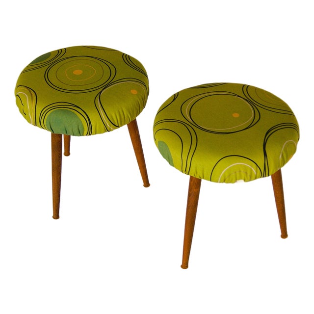 Pair of Teak Stools With Newer Upholstered Seats With Green Design Fabric - Denmark 1960s. For Sale
