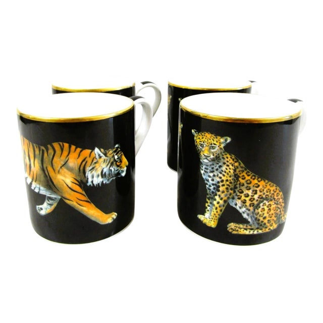 1980s Halcyon Days Magnificent Wildlife Two Tiger and Two Twin Leopard Mugs - Set of Four For Sale