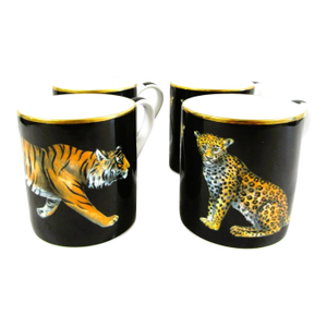1980s Halcyon Days Magnificent Wildlife Two Tiger and Two Twin Leopard Mugs - Set of Four