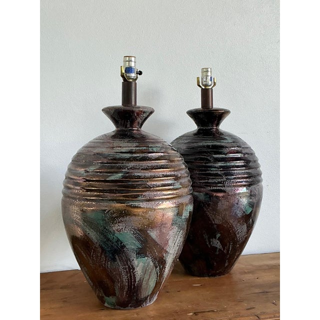 Vintage Glazed Metallic Ceramic Lamps - Set of 2 For Sale - Image 11 of 18