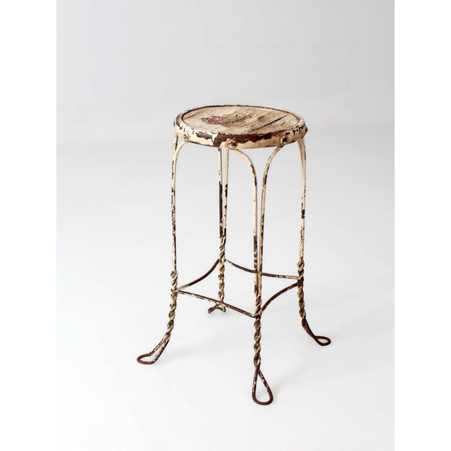 Vintage Twisted Iron Garden Stool With Wood Top For Sale - Image 9 of 14