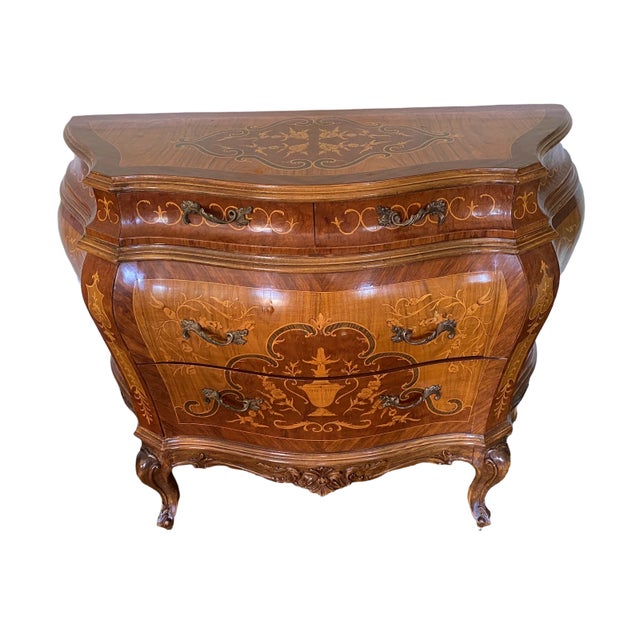 Fantastic vintage Italian style Bombe chest. Gorgeous inlay detail with a classic Bombe design.with two large drawers and...