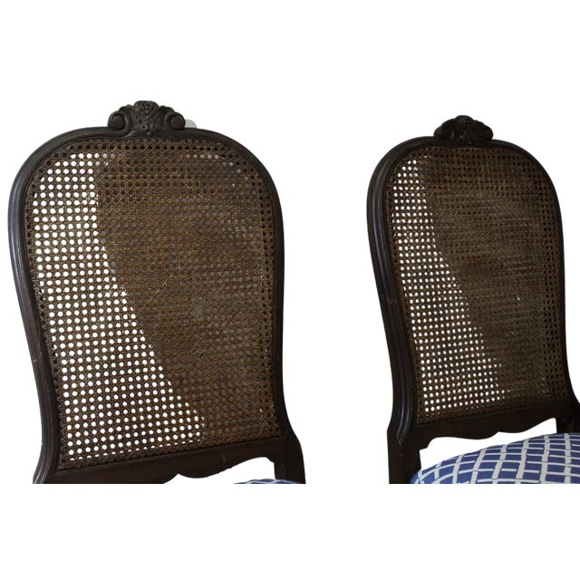 French Provincial Pair of Vintage French Provincial Cane Back Dining Chairs With Blue Upholstered Seats For Sale - Image 3 of 7