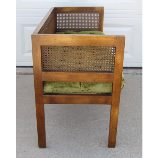 Mid 20th Century Lewittes Walnut and Cane Settee Foyer Bench Green Mid Century Modern For Sale - Image 4 of 12