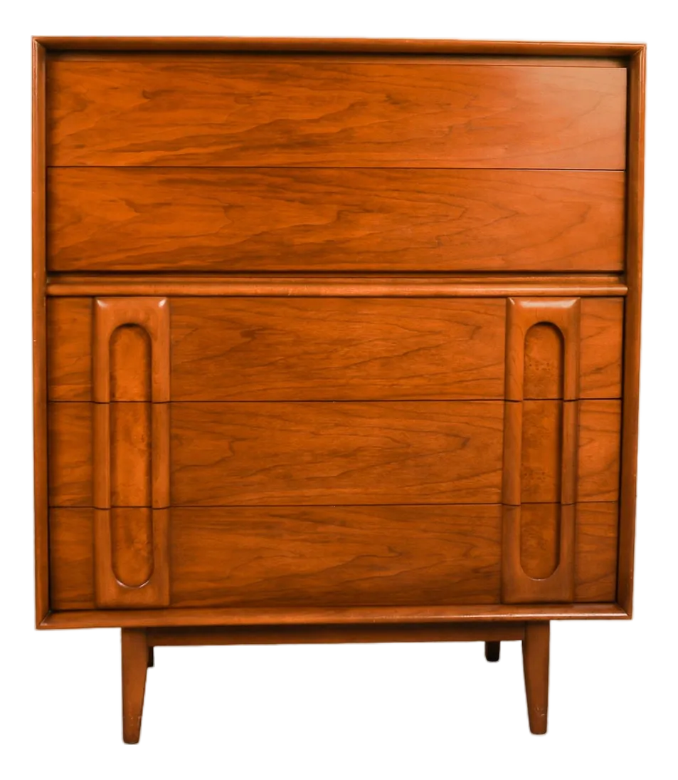 1960s Mid Century Vintage Lane Walnut and Burlwood Tall Five Drawer Dresser