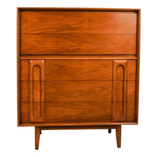 1960s Mid Century Vintage Lane Walnut and Burlwood Tall Five Drawer Dresser For Sale