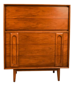1960s Mid Century Vintage Lane Walnut and Burlwood Tall Five Drawer Dresser