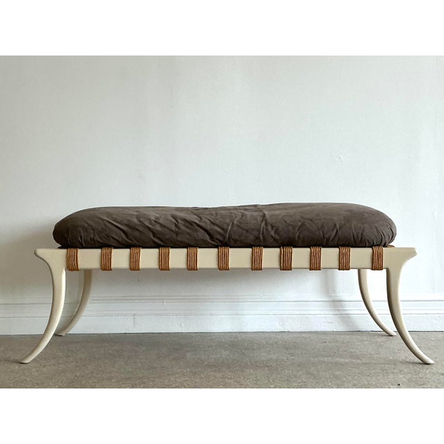 Elevate your interior with this striking vintage Klismos-style bench, a masterful fusion of Neoclassical architectural...