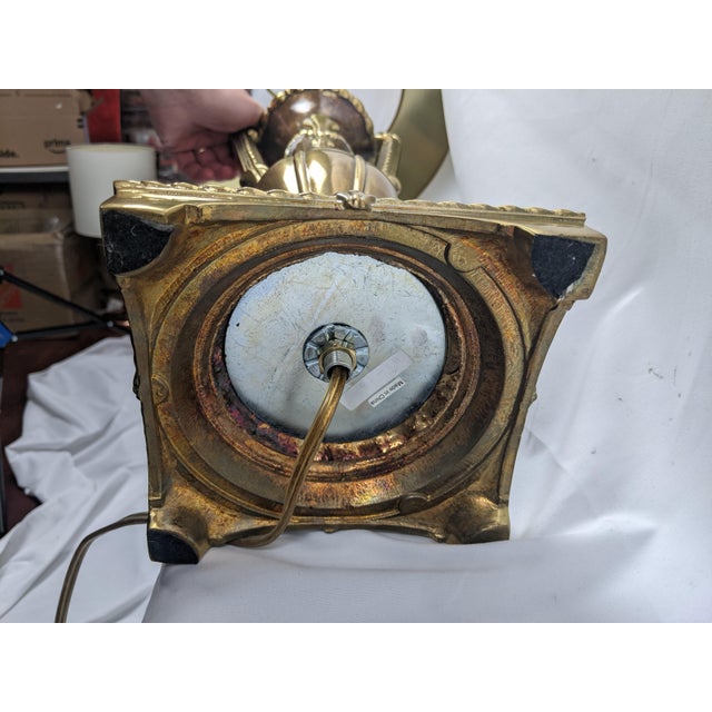 Late 20th Century Large Neoclassical Style Brass & Faux Burlwood Table Lamp With Black Shade – 34"h For Sale - Image 18 of 18