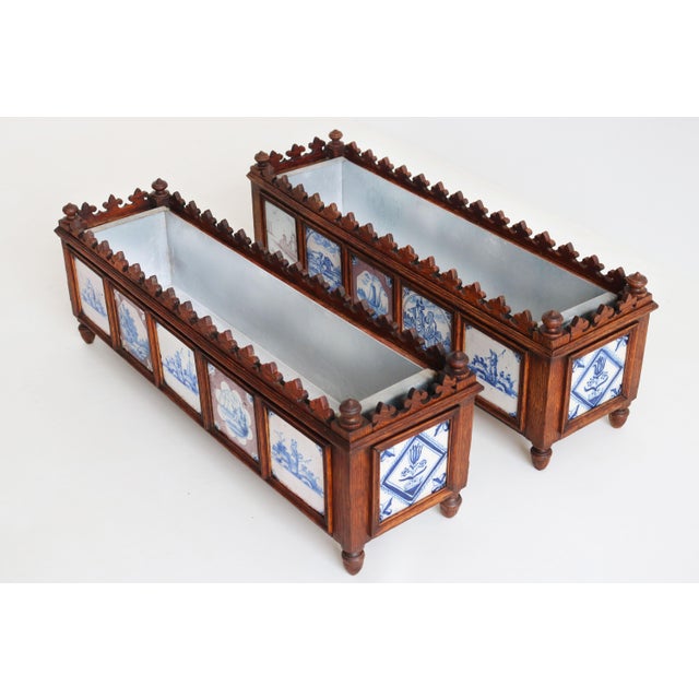 19th Century Dutch Planters with Delft Tiles Oak, 1650, Set of 2 For Sale - Image 16 of 18