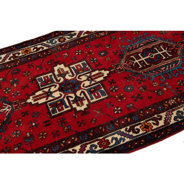 1950s Vintage Heriz Red Handmade Wool Rug With Tribal Motif For Sale - Image 5 of 8