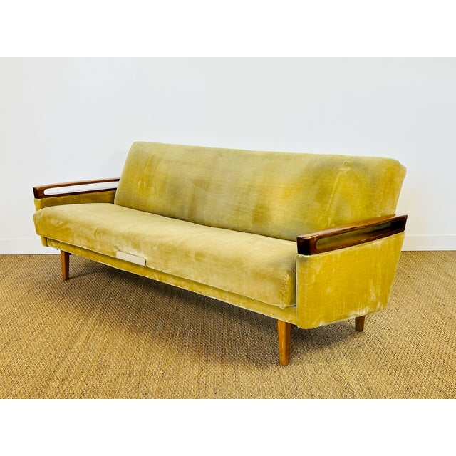 Vintage Scandinavian Teak and Velvet Convertible Sofa and Armchair, 1960s, Set of 2 For Sale - Image 4 of 18