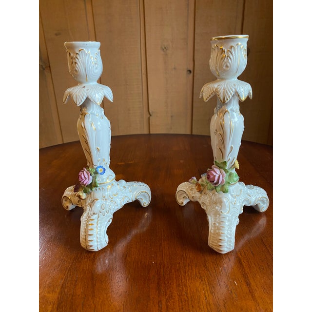 Early 20th Century Antique Von Schierholtz Porcelain Candleholders With Flower Accents - a Pair For Sale - Image 4 of 10